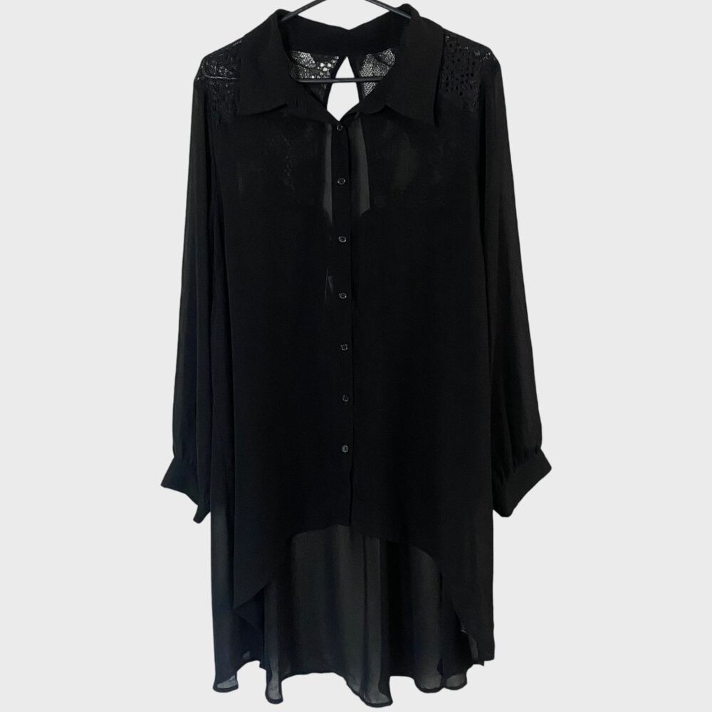 City Chic Flutter Floral Lace Shirt Black Women's XL Sheer Button-Up Blouse New